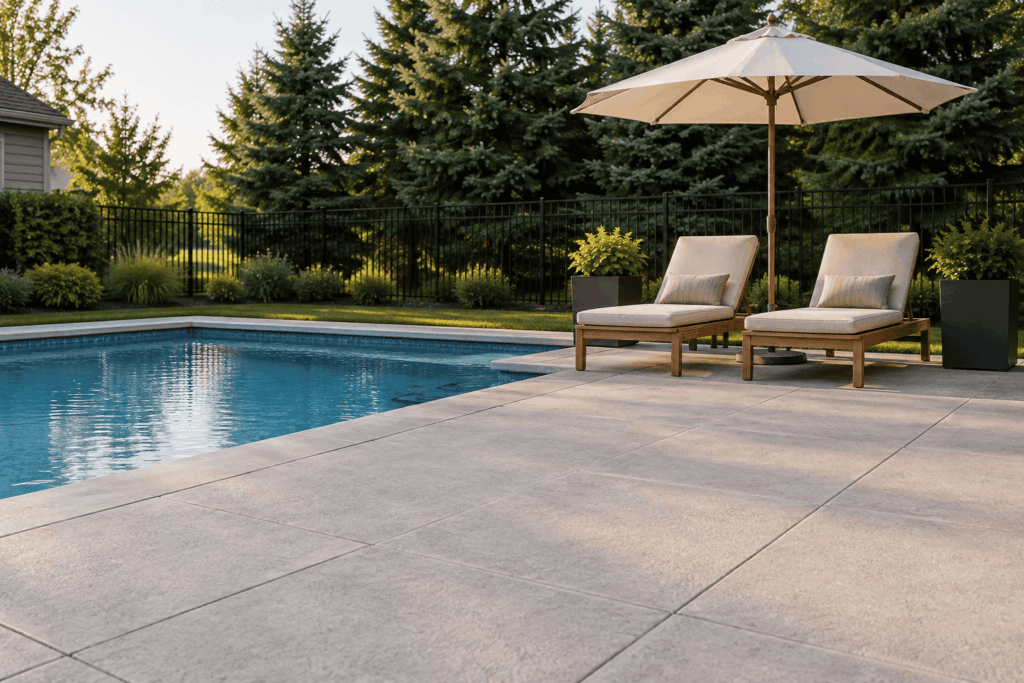 Two cushioned lounge chairs beneath a cream umbrella beside an inground pool, with planters and evergreen screening.