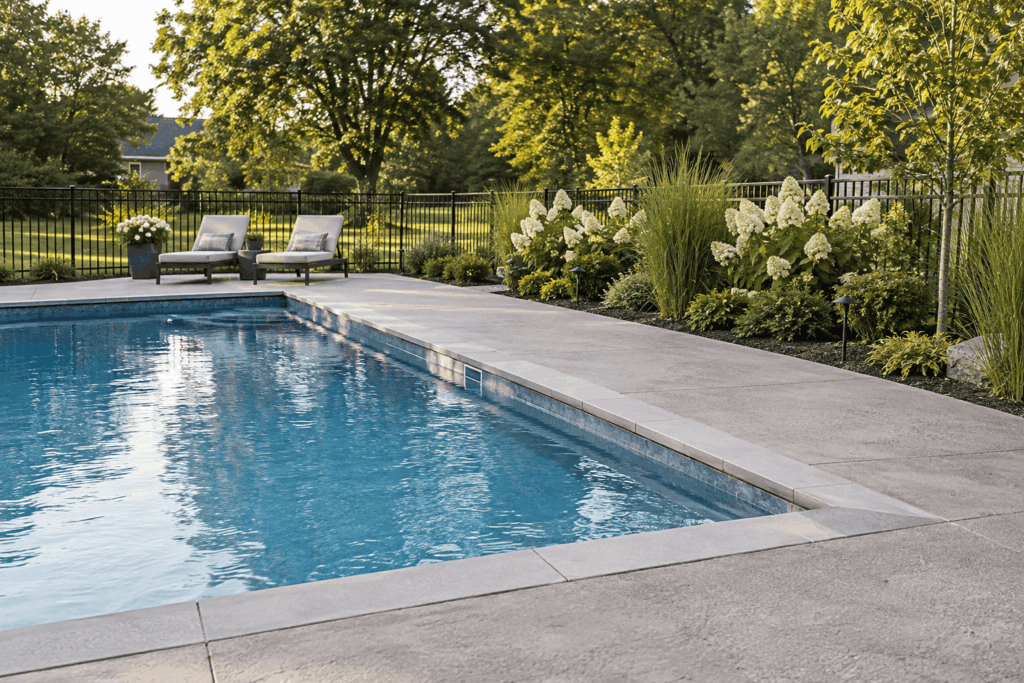 White panicle hydrangeas, tall ornamental grasses, and pink stonecrop in a planting bed beside a pool patio.