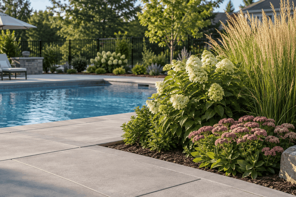 Rectangular inground pool with a wide concrete patio, white hydrangeas, ornamental grasses, and lounge chairs.